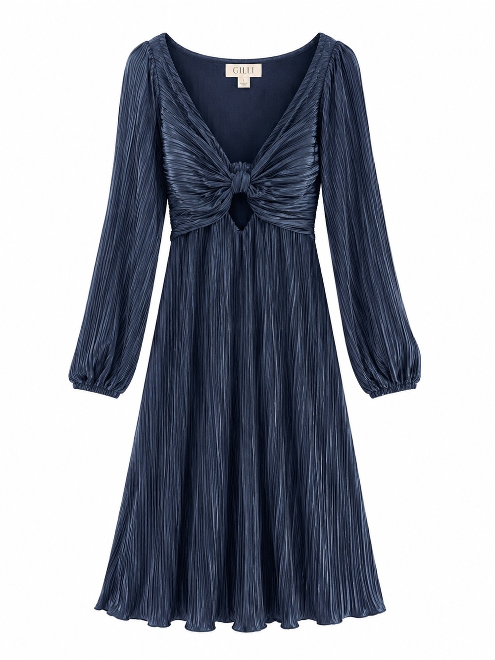 Gilli Pleated Long Sleeve Midi Dress Satin Knot Front Cutout Boho Party Size L